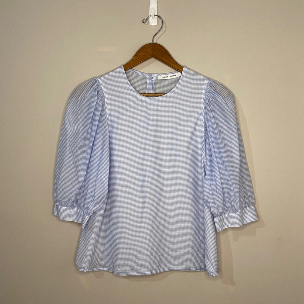 Samsoe Samsoe Light Blue Gingham Cotton Silk Puff Sleeve Back Button Top MEDIUM